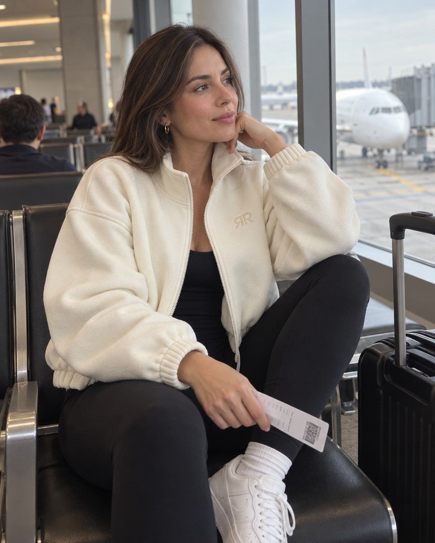 Mujer con la Chaqueta Era crema abierta sobre un enterizo negro en el aeropuerto